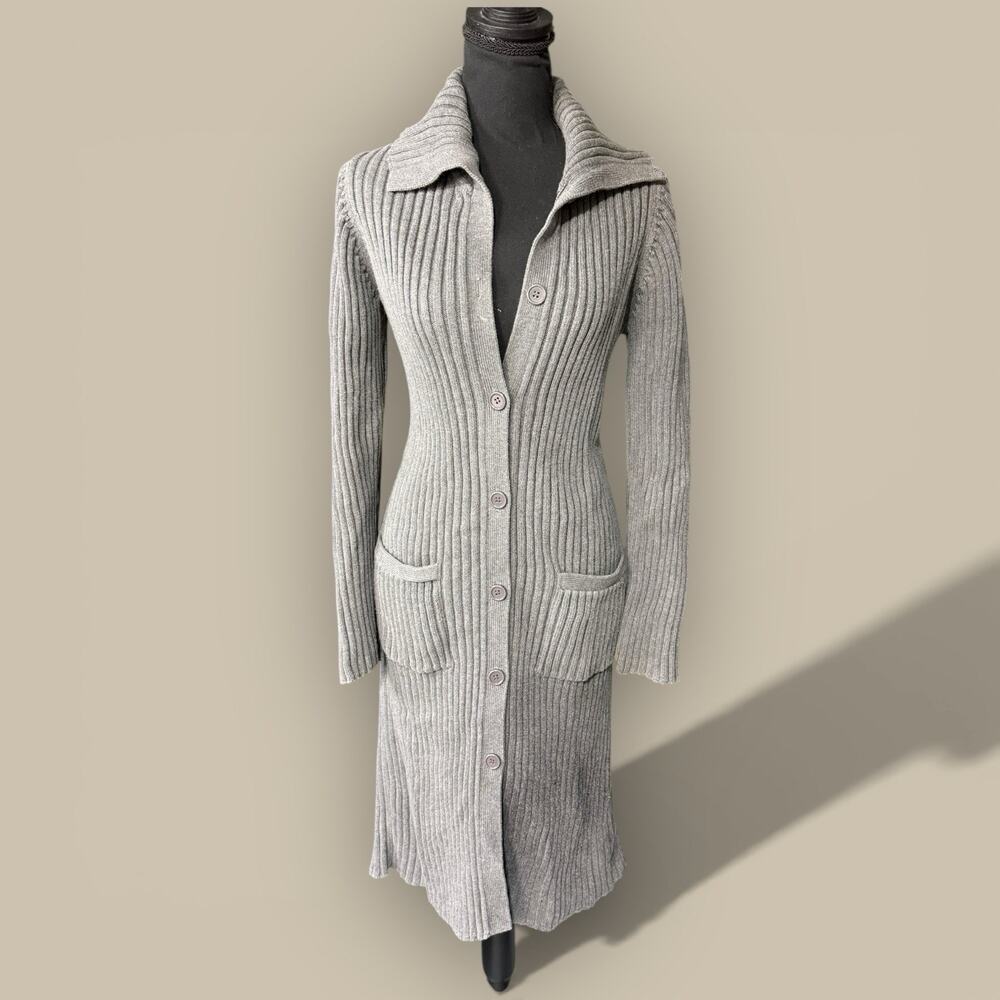 JONES WEAR Women's Small Gray Rib Knit Long 100% Cotton Button Cardigan Y2K Vtg